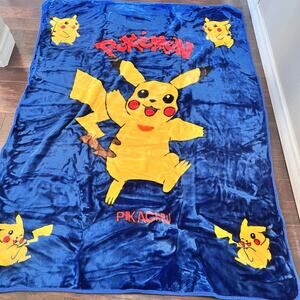 VTG 90s Pokemon Pikachu Plush Twin Throw Blanket 63x86” Blue Bright Colors Warm